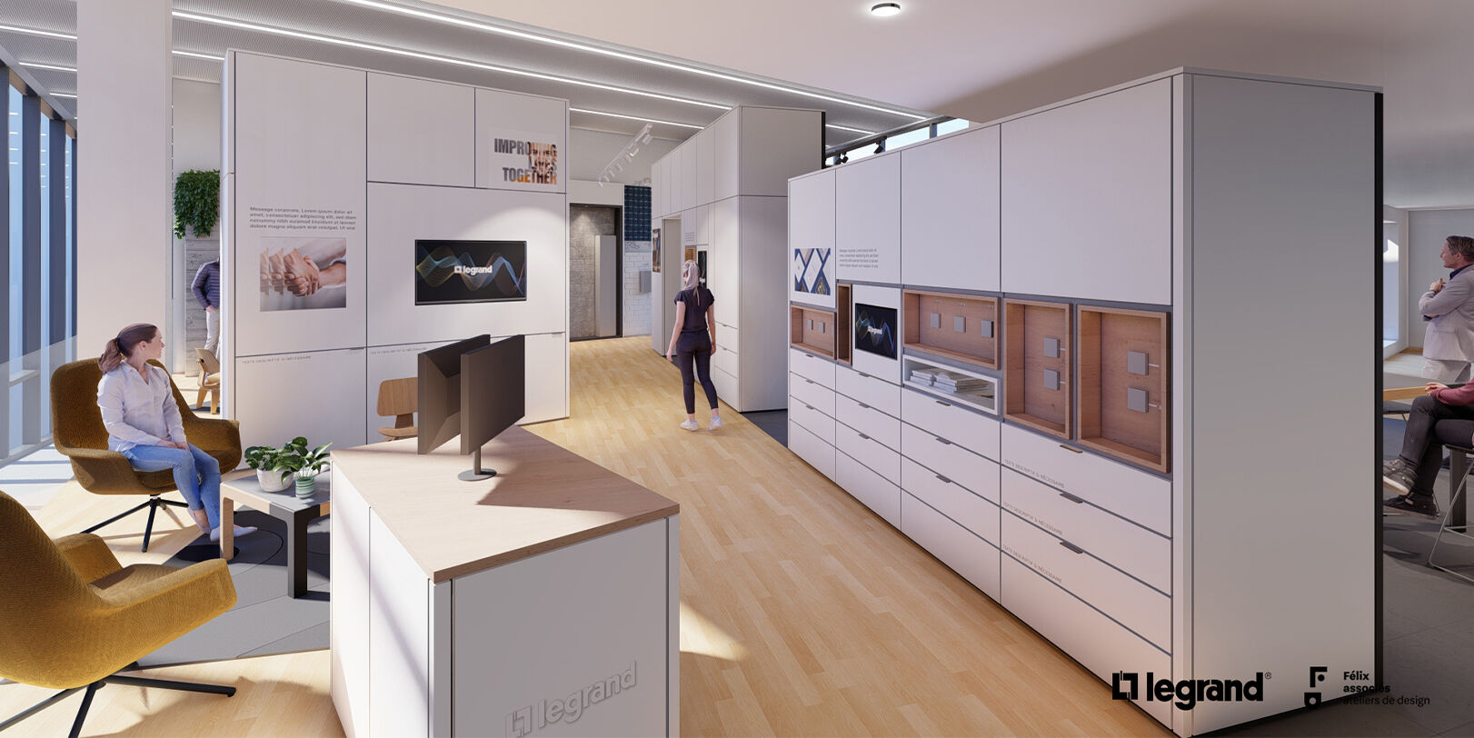 Modélisation 3D d’un showroom Legrand à Bagnolet, conception d’un espace modulaire et immersif par l’agence Félix et associés