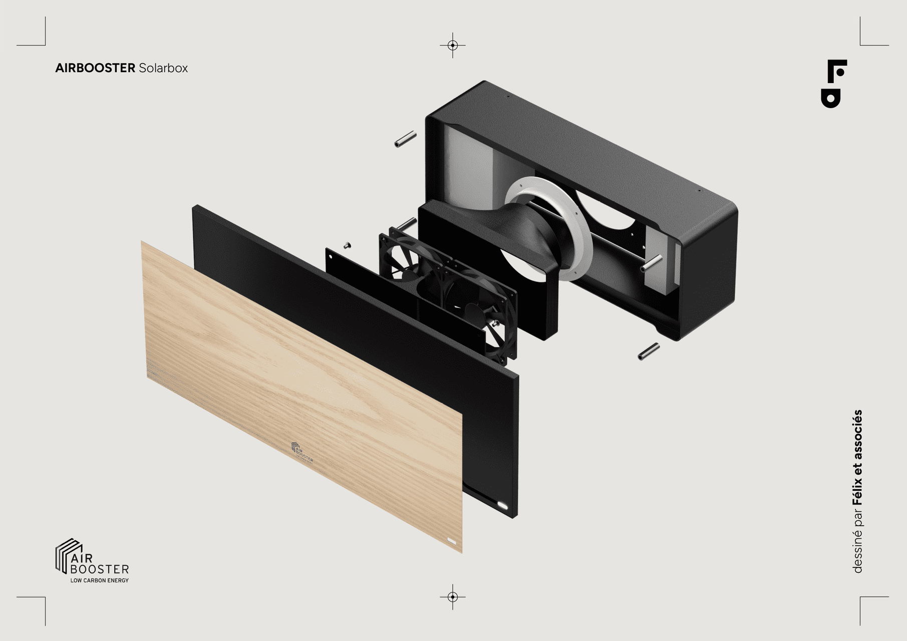 Vue éclatée de la Solar Box Air Booster présentant les composants, les ventilateurs et la façade démontable en bois