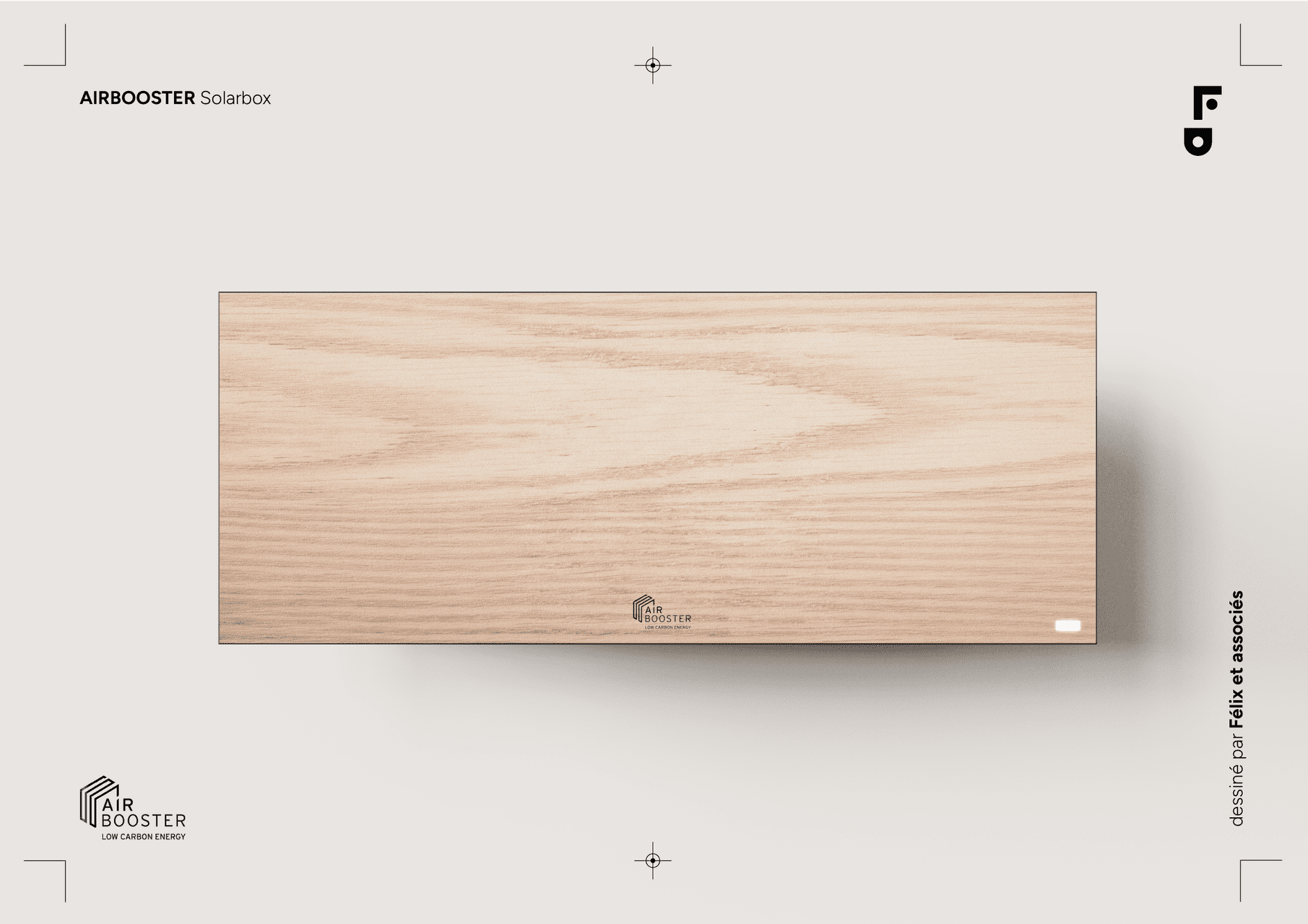 Vue de face du design de la Solar Box Air Booster, équipement de chauffage solaire low-tech à façade en bois clair