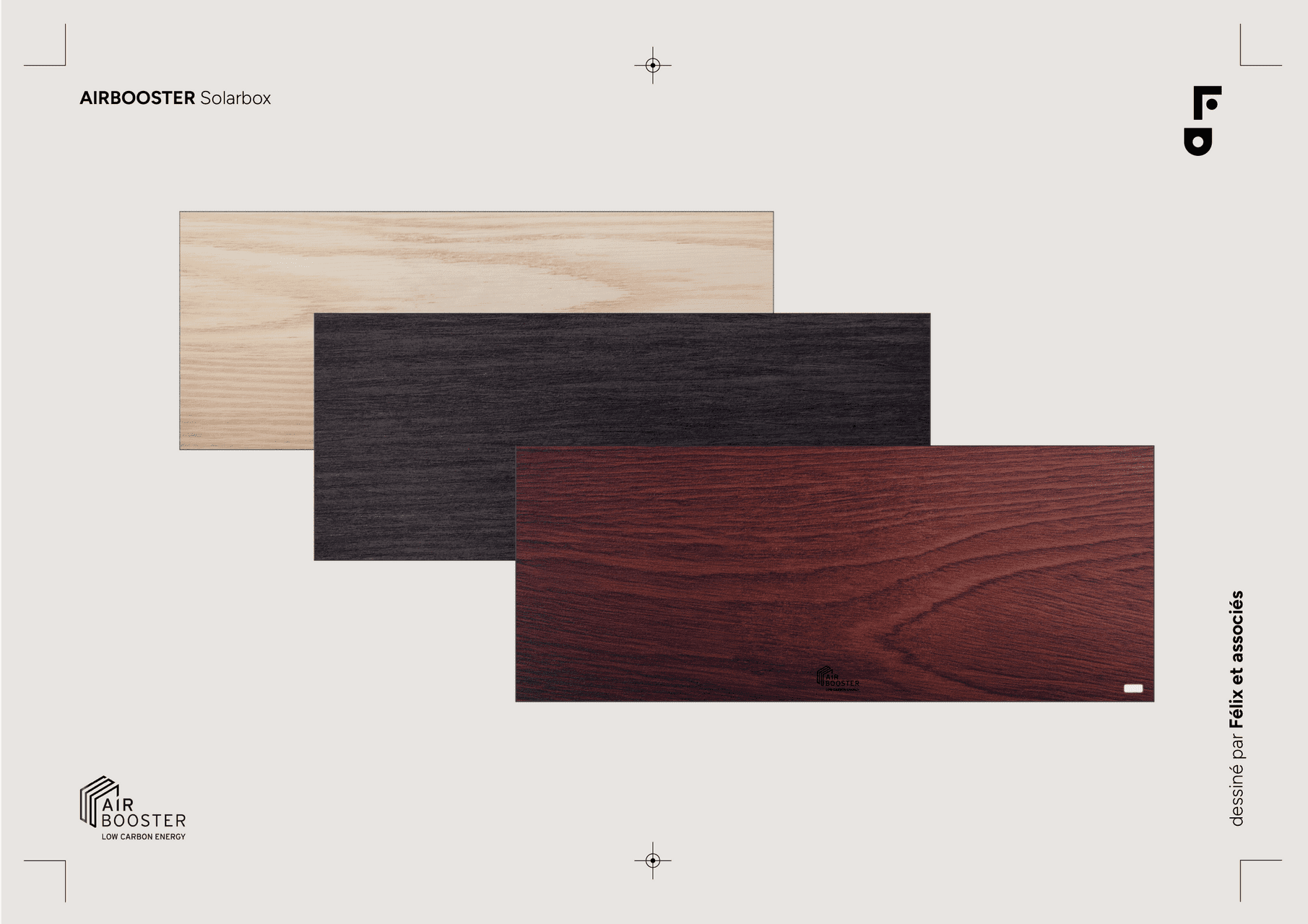Trois propositions de finitions bois clair, foncé et brun rouge pour personnaliser le design de la Solar Box Air Booster