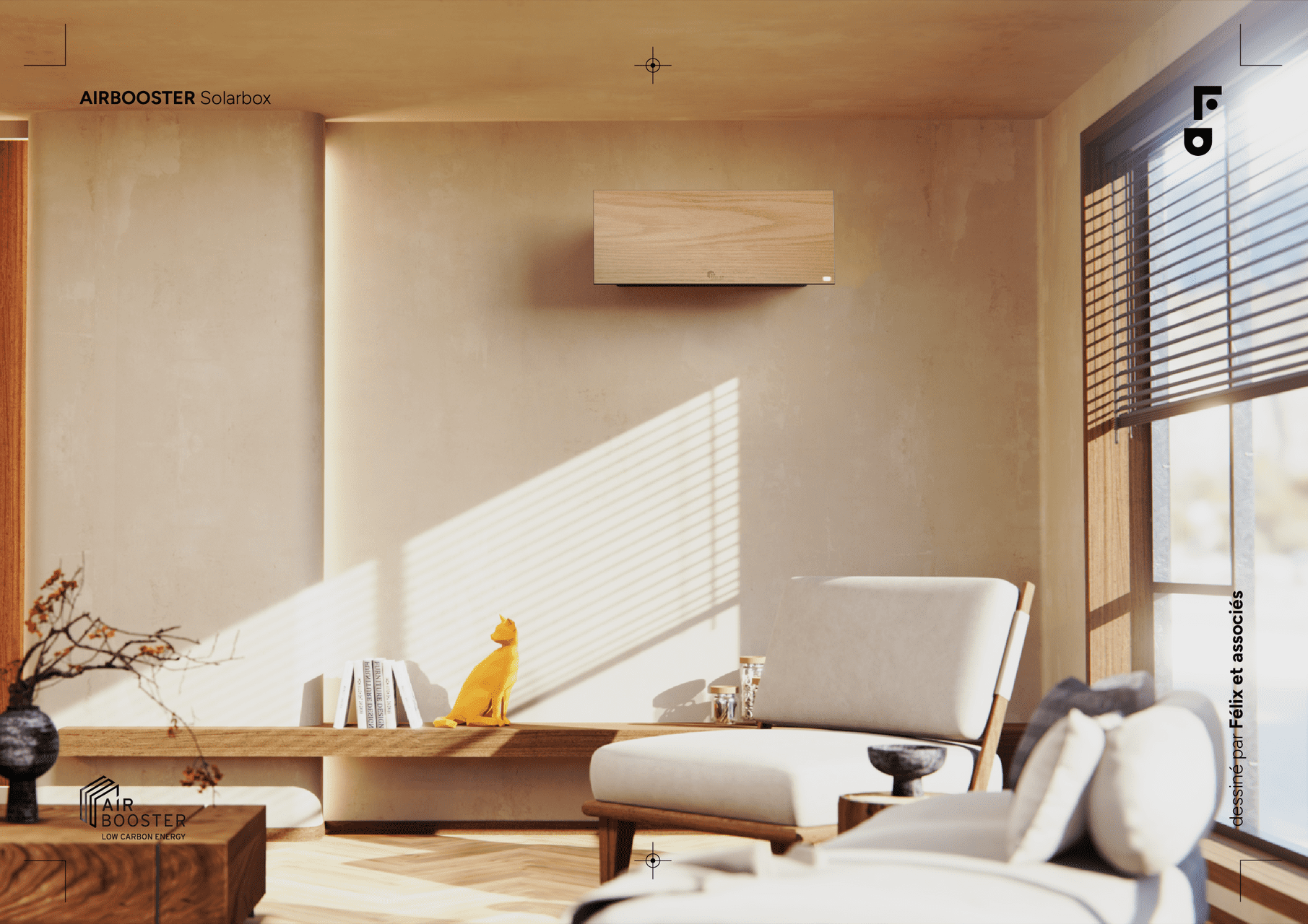 Intégration murale de la Solar Box Air Booster dans un salon contemporain, avec une façade en bois naturel