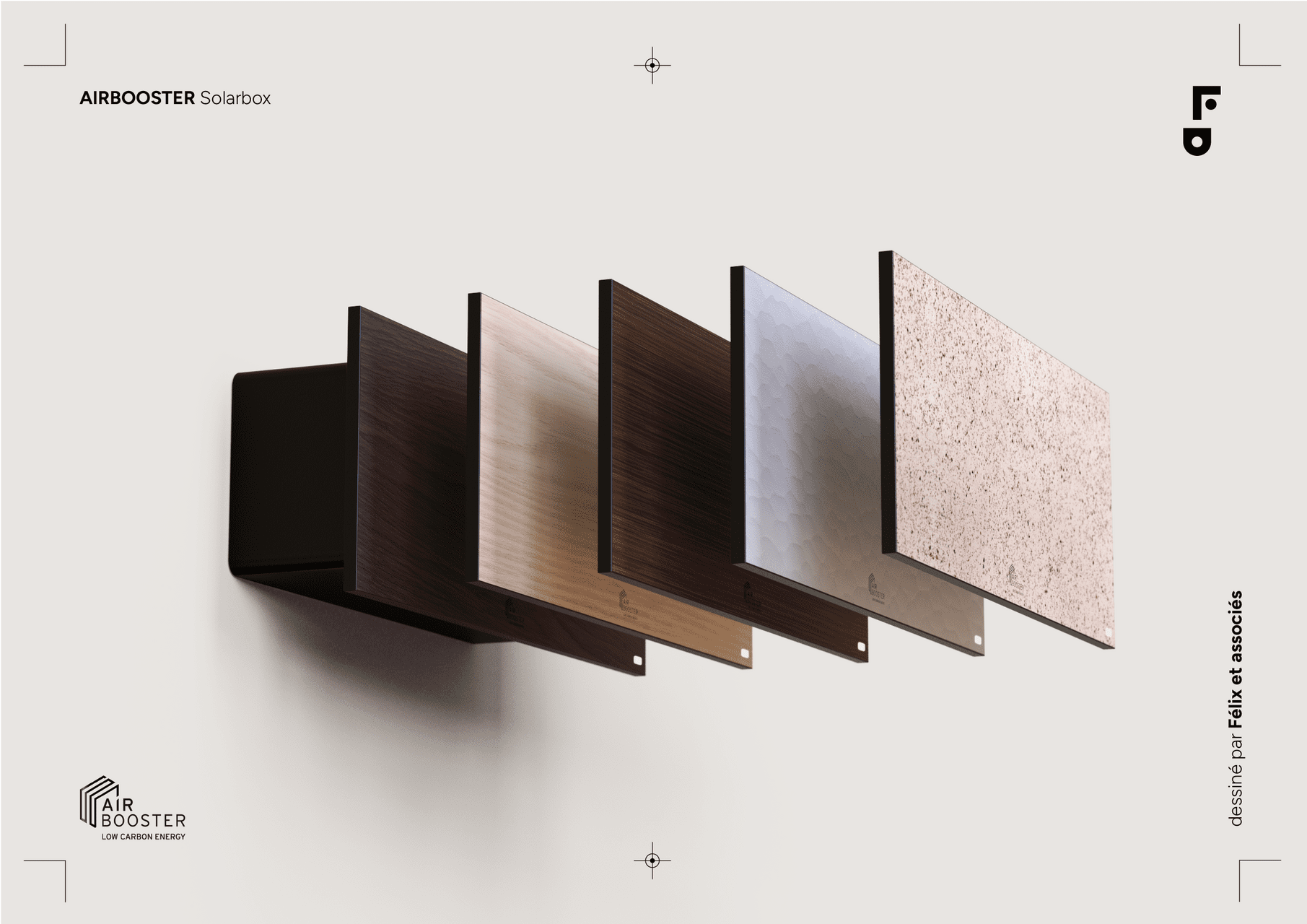 Visualisation de cinq façades décoratives amovibles pour la Solar Box Air Booster, illustrant la modularité du design produit