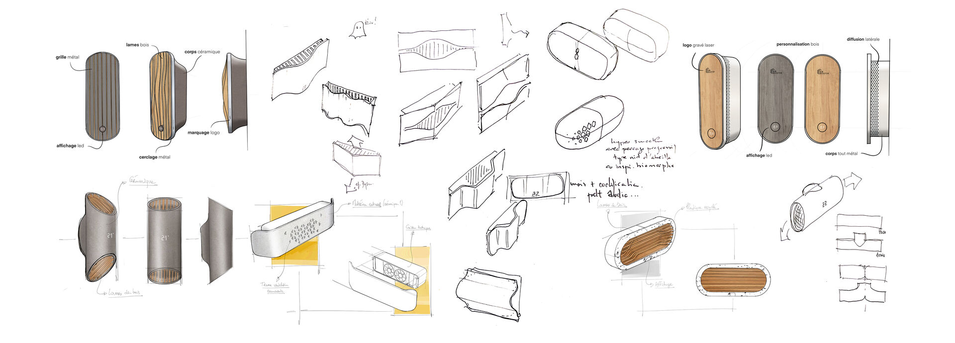 Recherches et esquisses de design industriel explorant les formes, les matériaux et la ventilation de la Solar Box Air Booster
