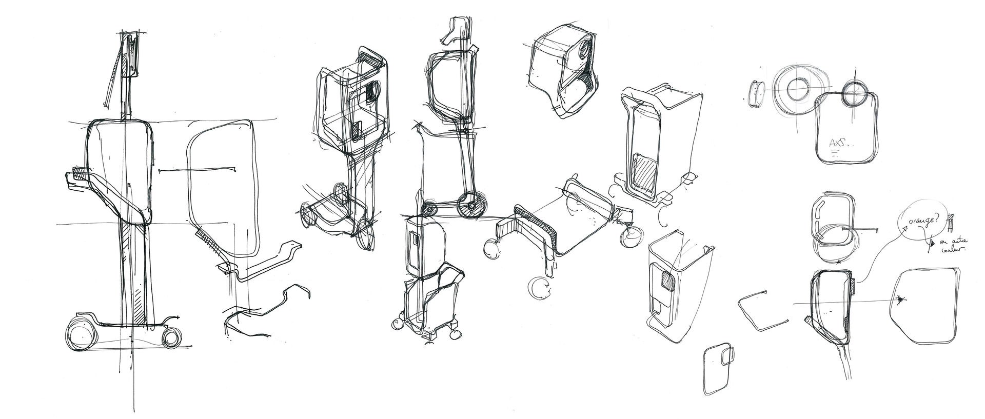 Croquis de recherche en design industriel pour la conception du dispositif médical Biomod d’AXS Médical
