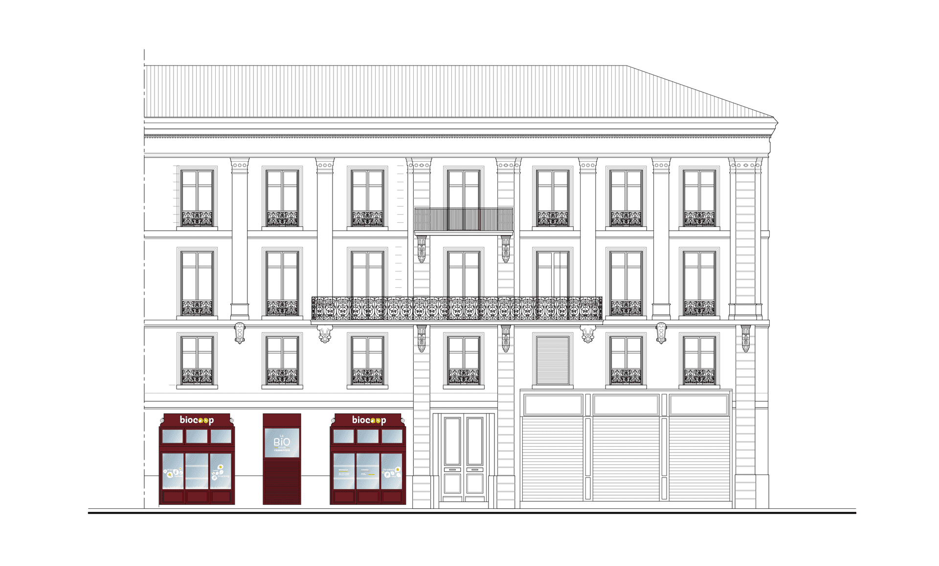 Design façade magasin Biocoop à Bordeaux intégré dans un environnement urbain existant