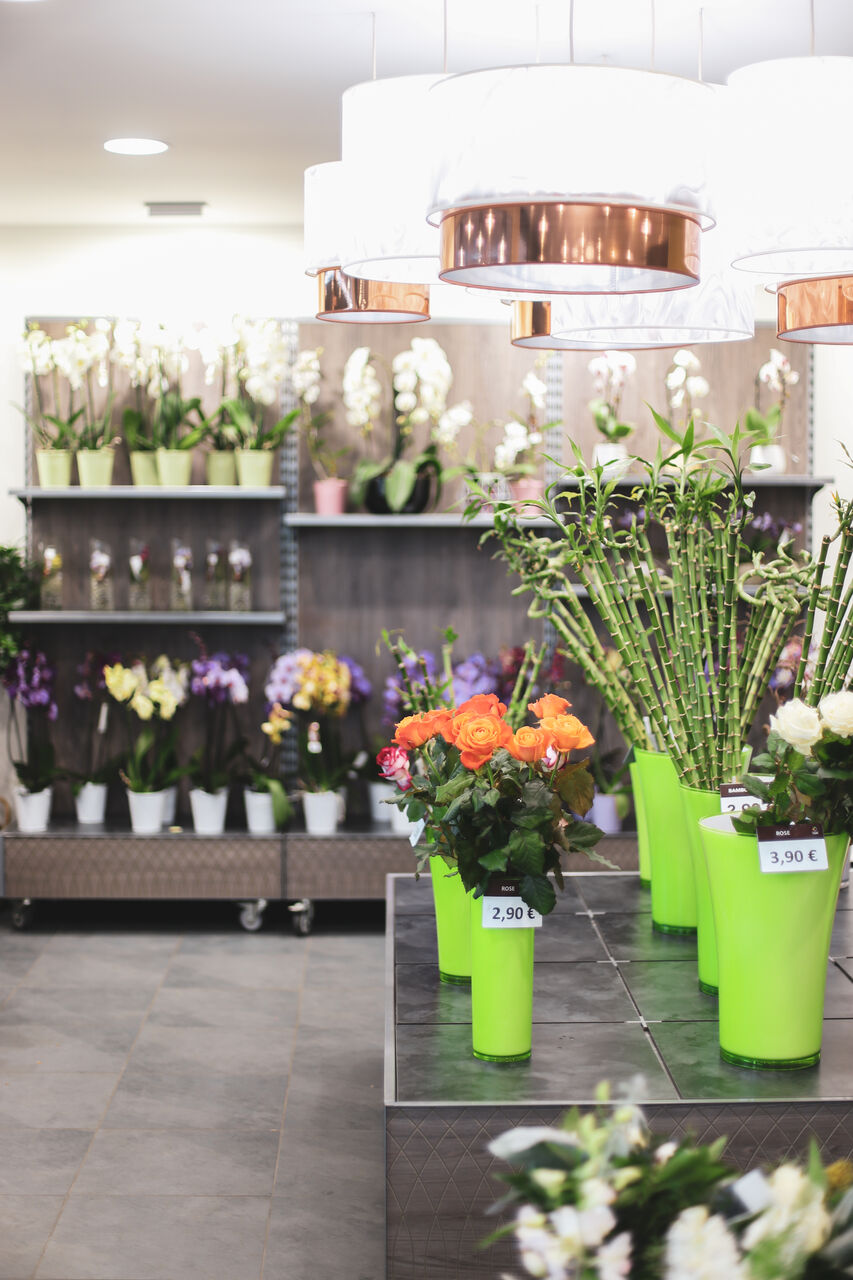 Agencement de magasin de fleurs avec présentation structurée des bouquets et parcours client optimisé