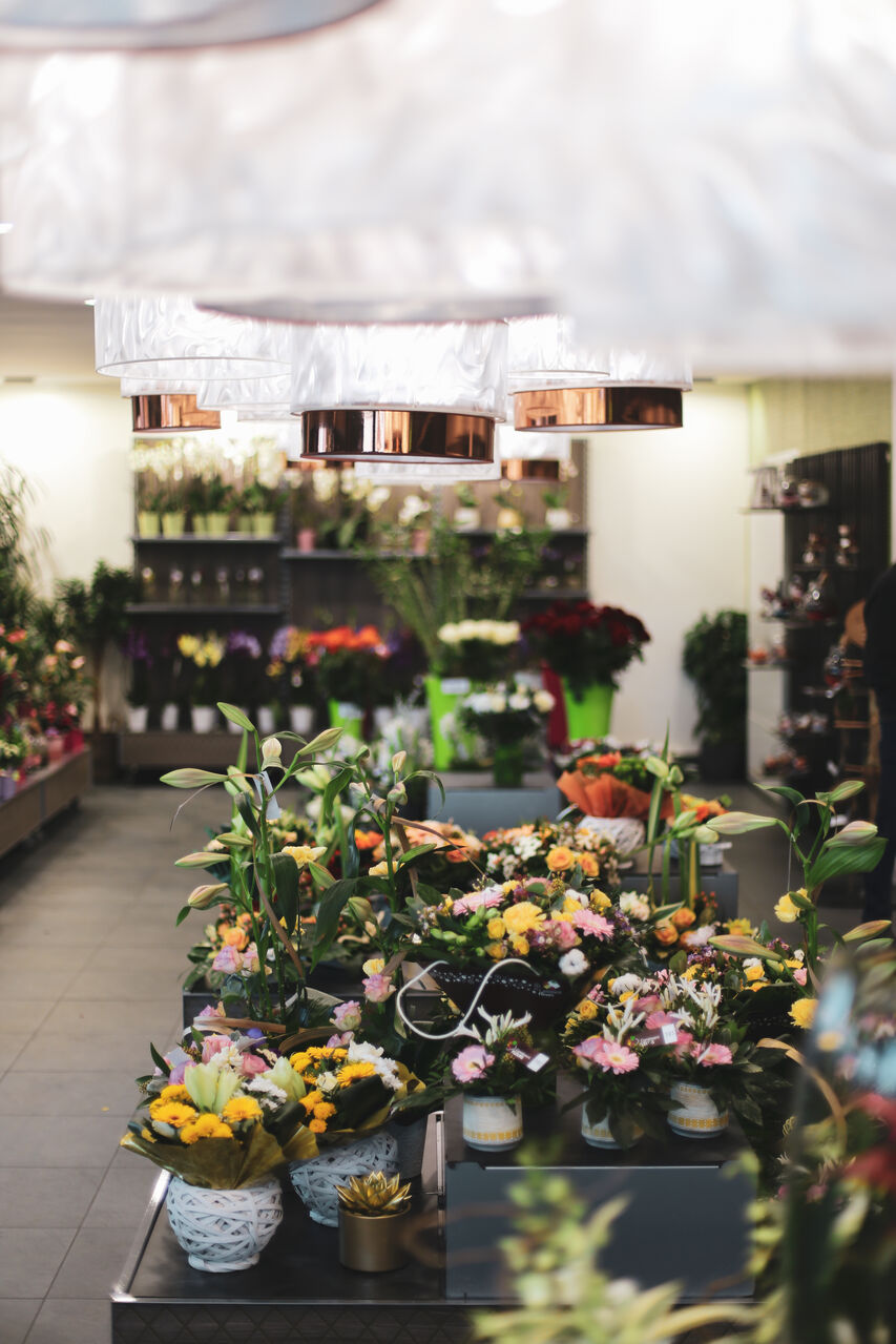 Concept d’agencement de magasin fleuriste avec mise en scène centrale et luminaires contemporains