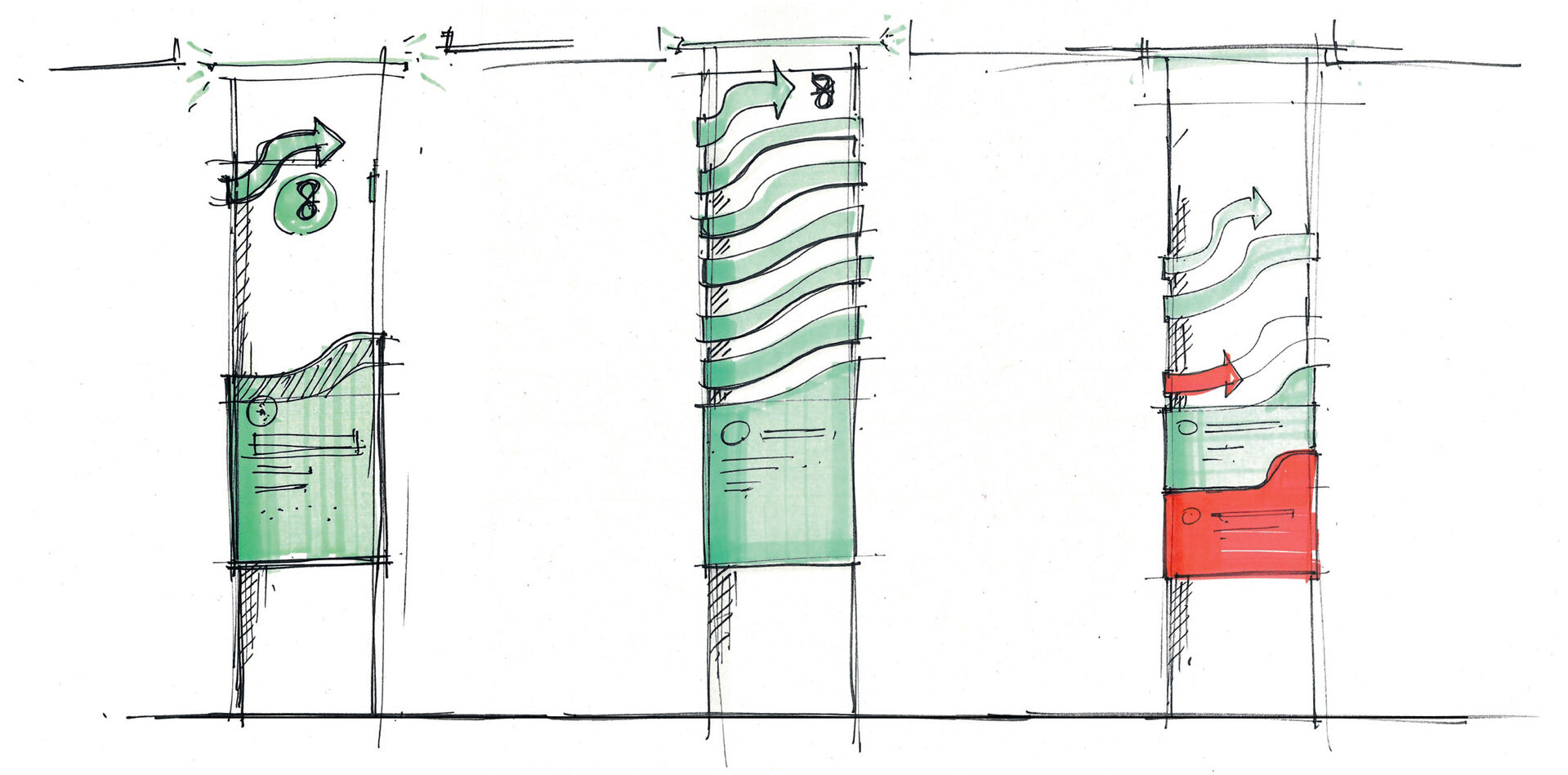 Esquisse de signalétique directionnelle pour parcours de visite Cité du Vin Bordeaux