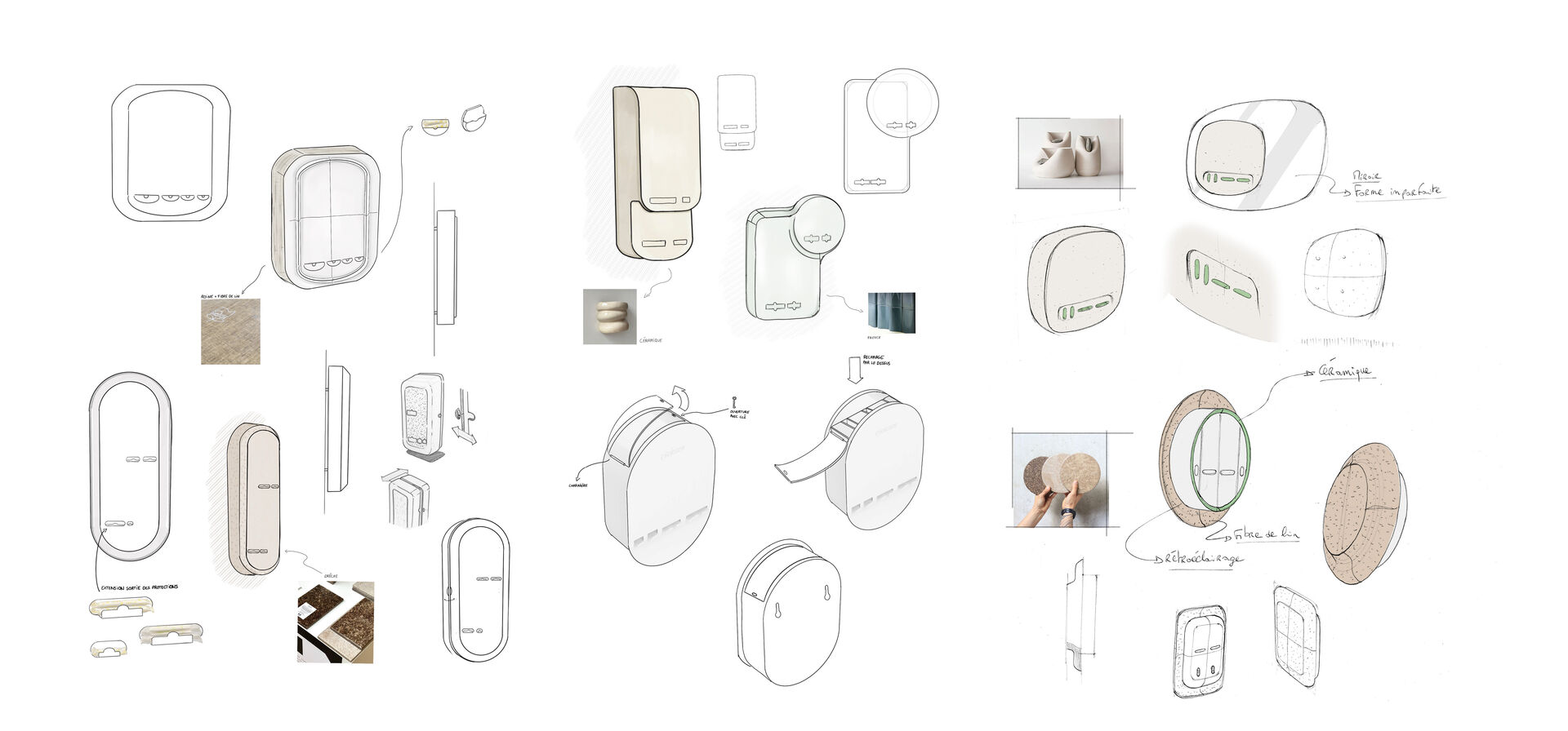 Planche de croquis du distributeur de protections menstruelles Cyclezen réalisée par l’agence de design Félix et associés