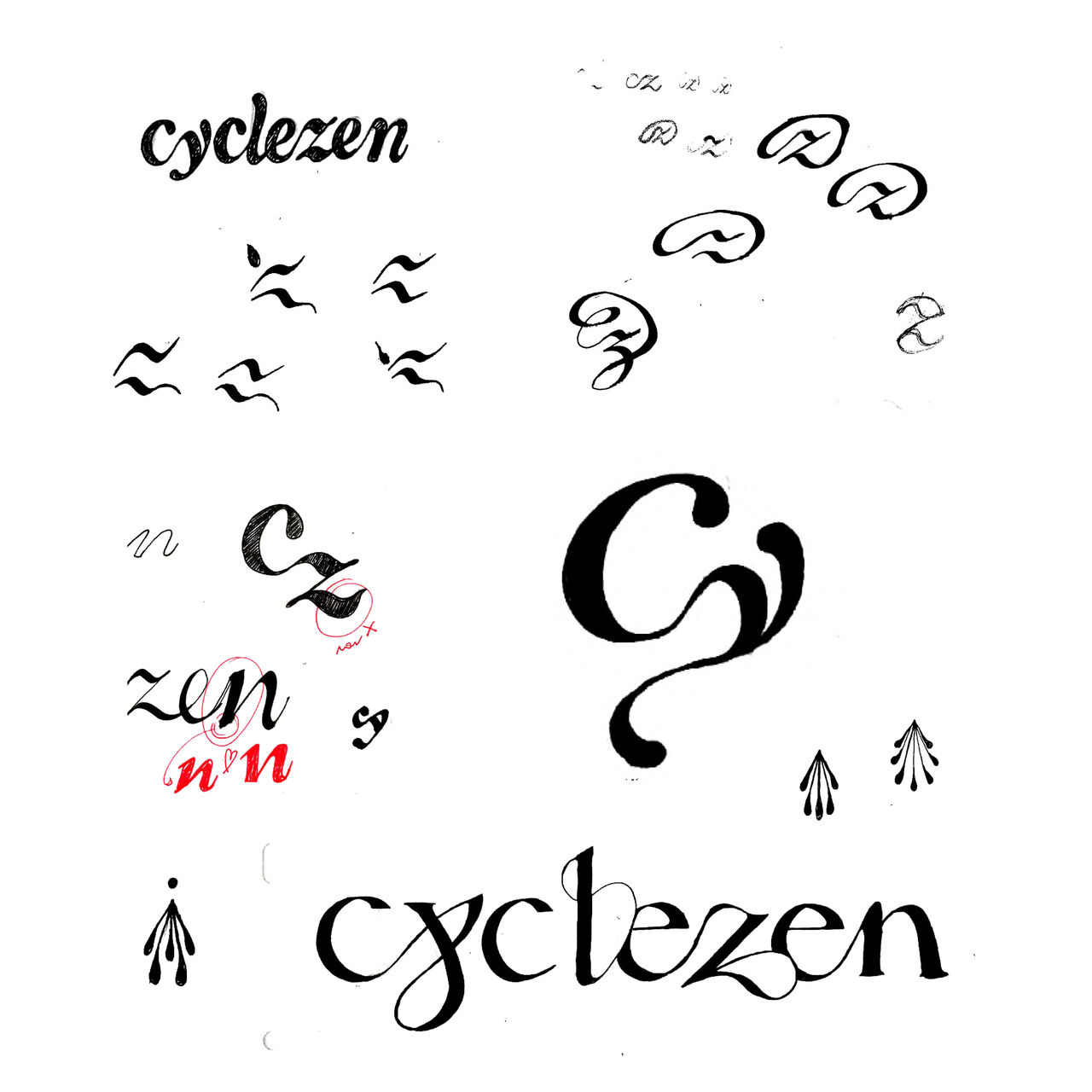 Recherches de logotype et calligraphie pour l’identité visuelle Cyclezen réalisées par les designers graphiques de Félix et asso