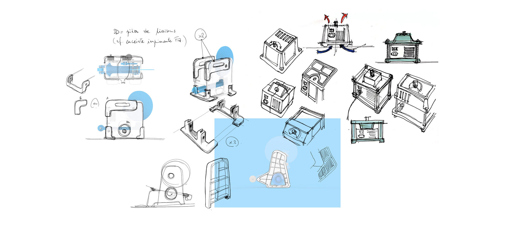Croquis de conception d’un respirateur open source réalisé en design industriel