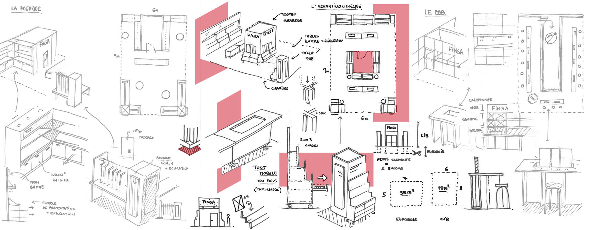 Croquis de conception d’un stand éco-conçu en bois illustrant la démarche de design circulaire
