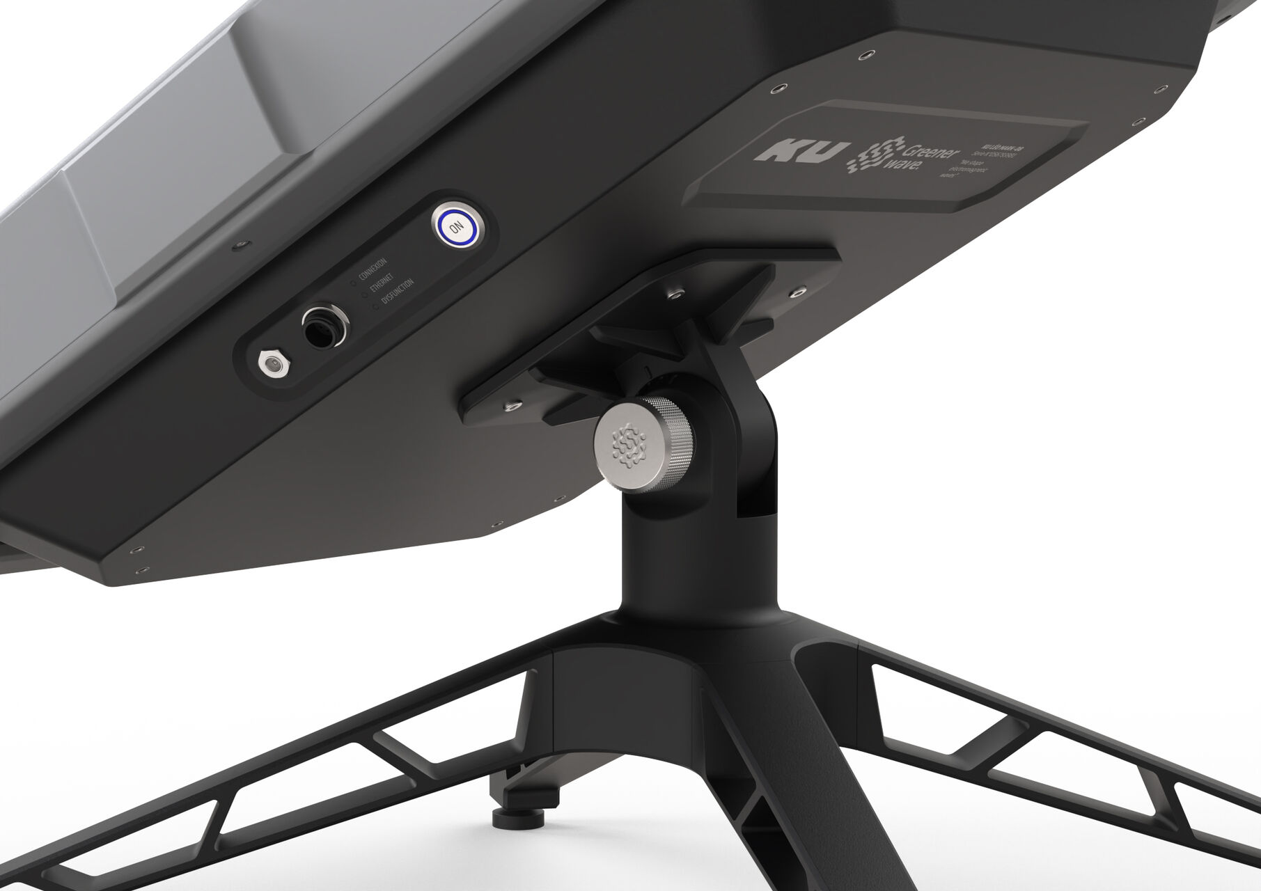 Détail technique du design industriel d’une antenne SATCOM Greenerwave intégrant connectique et interfaces