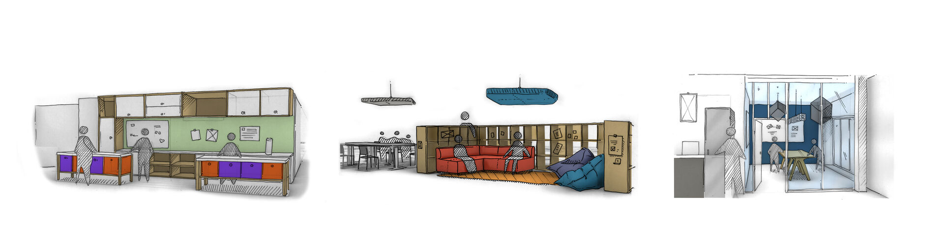 esquisses du mobilier conçu par l'agence de design Félix et associés, pour l'aménagement des locaux Helloasso