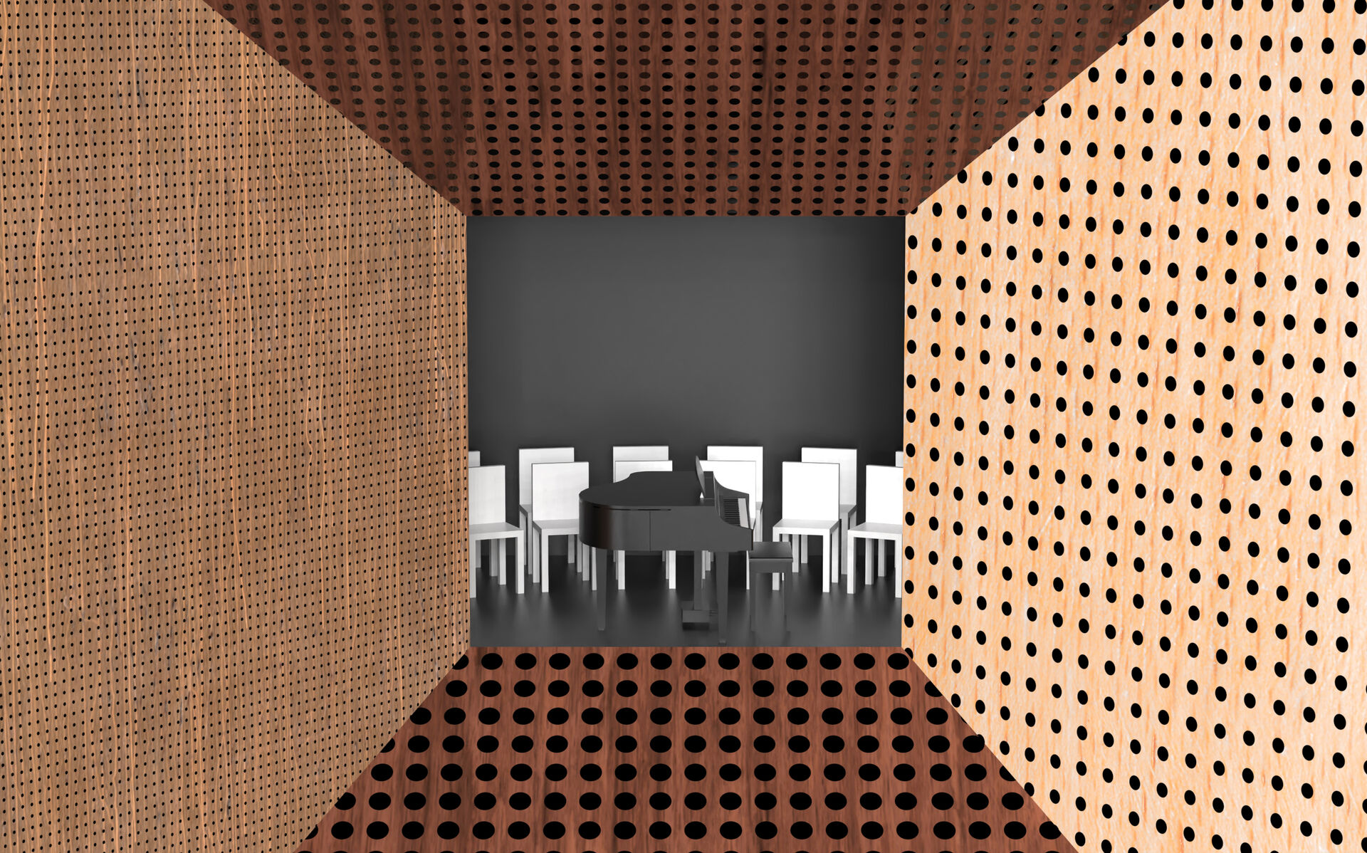 Conception 3D du stand Knauf Designwood mettant en scène les panneaux acoustiques perforés