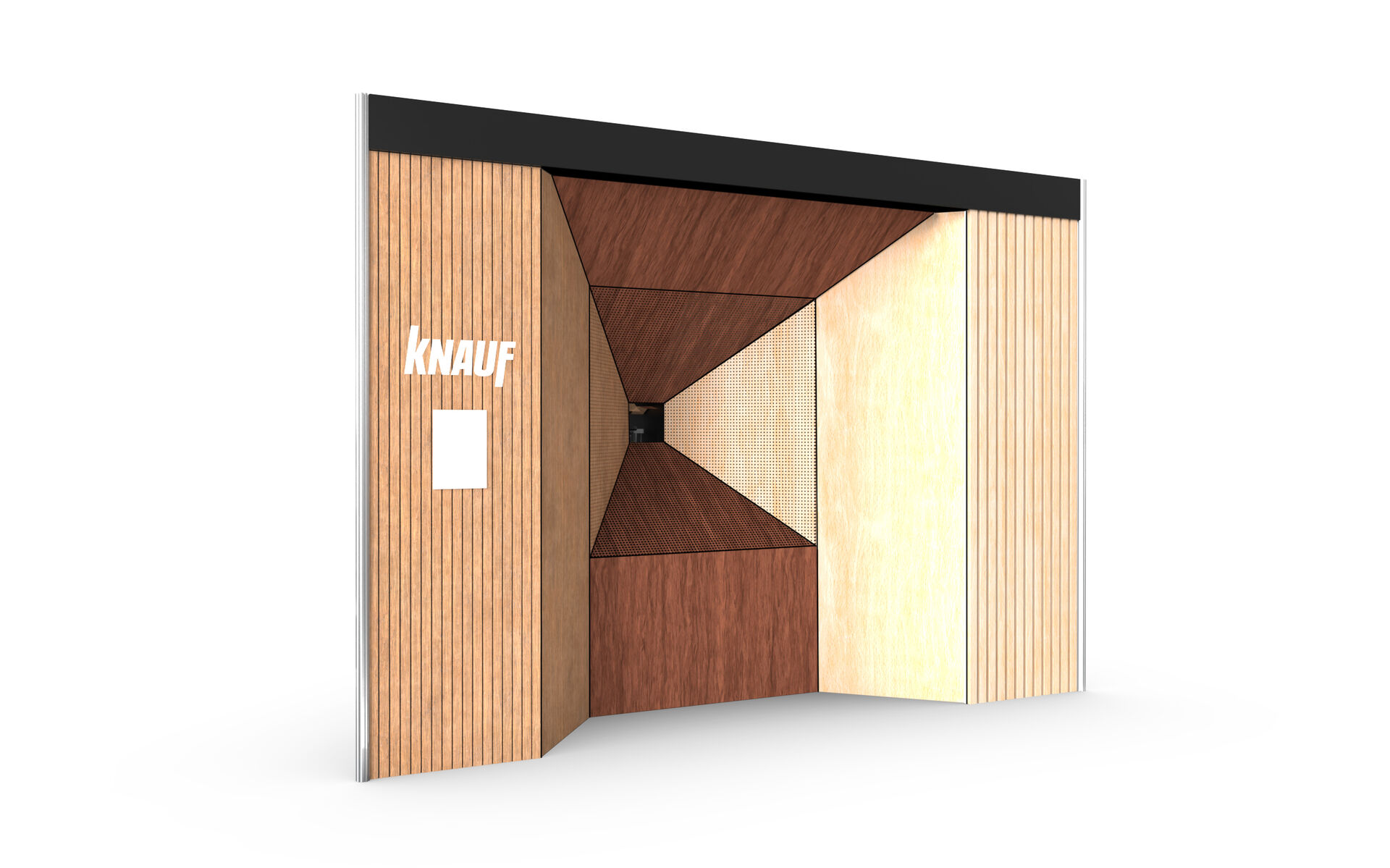 Conception du stand Knauf Designwood jouant sur la perspective et les matériaux acoustiques