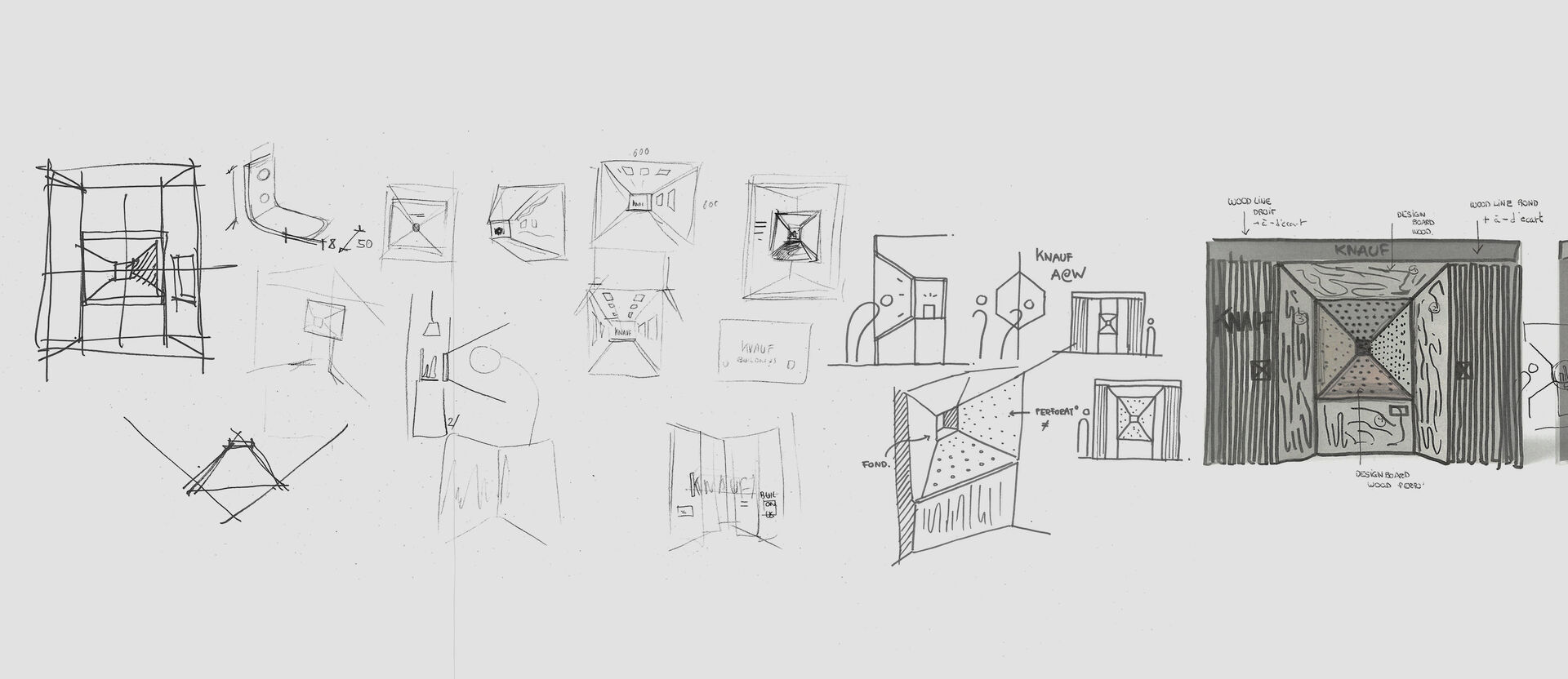 Croquis de recherche et conception du design des stands Knauf en trompe-l'œil