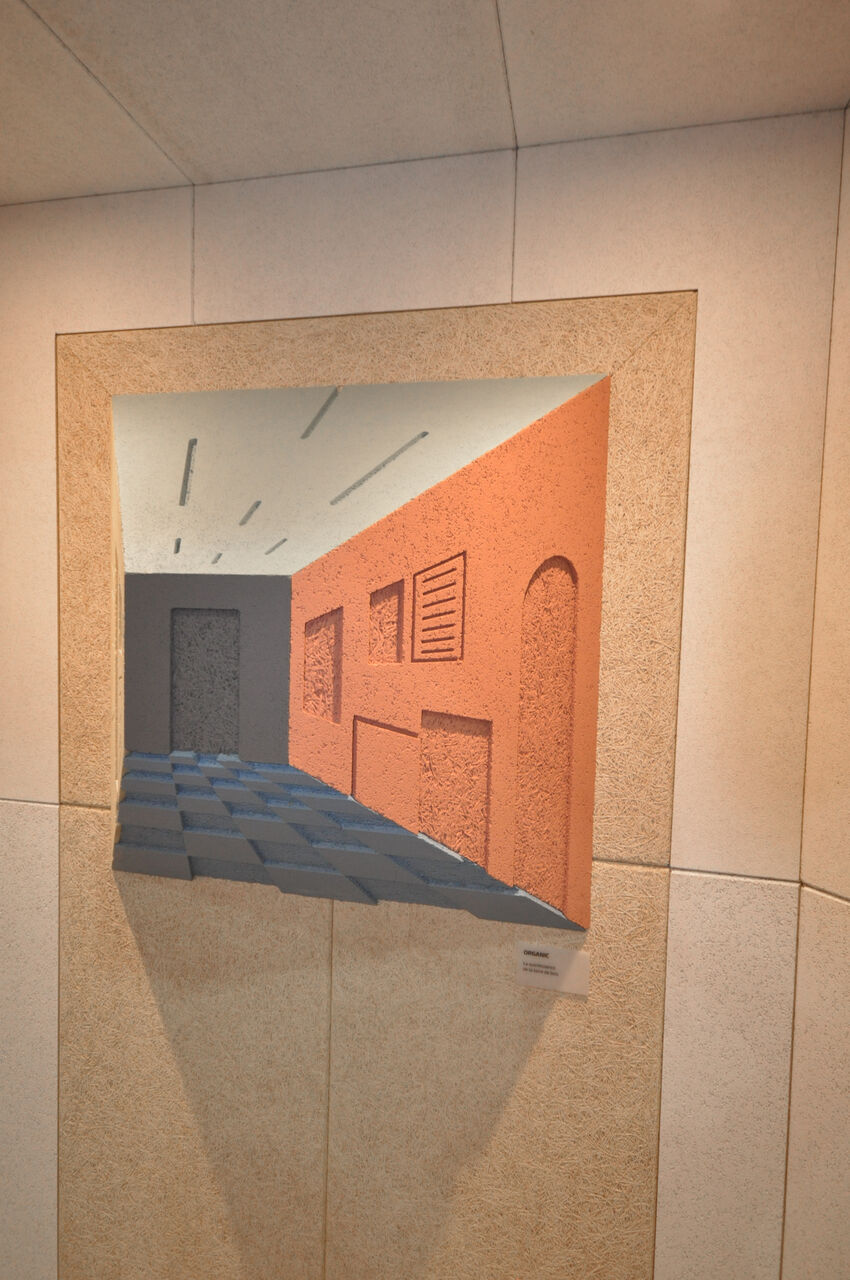 Détail de la scénographie acoustique et de l'illusion de perspective du stand Knauf Heradesign