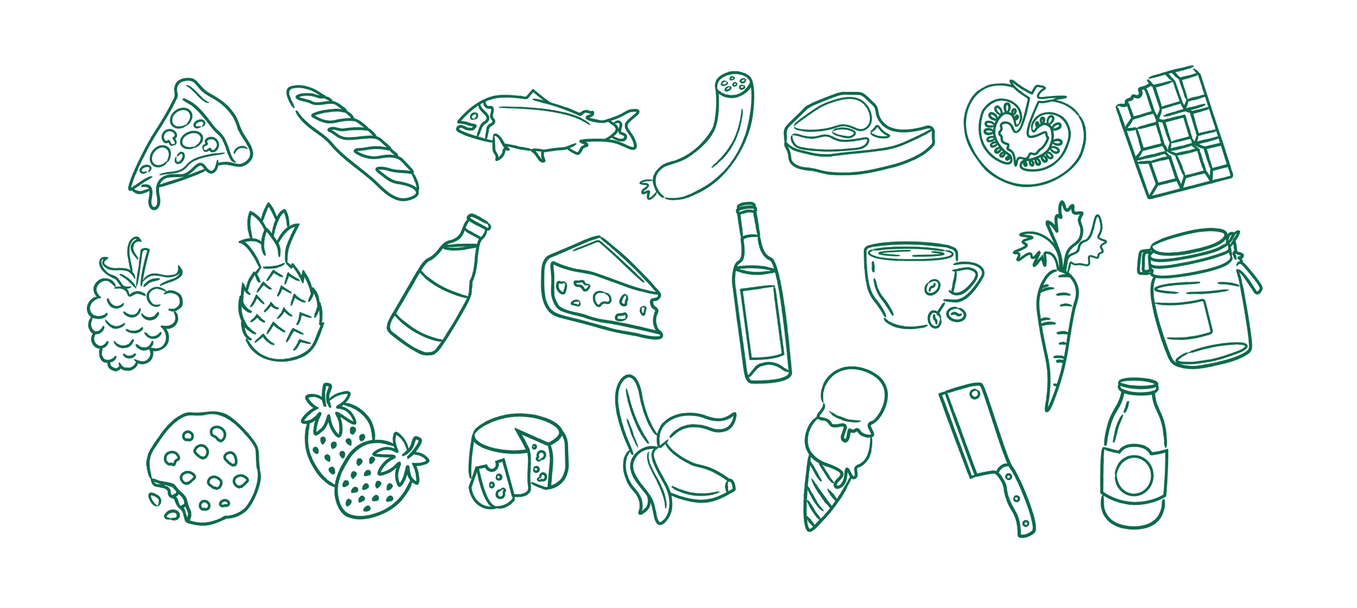 Identité graphique d’une épicerie avec pictogrammes et signalétique produits dessinés