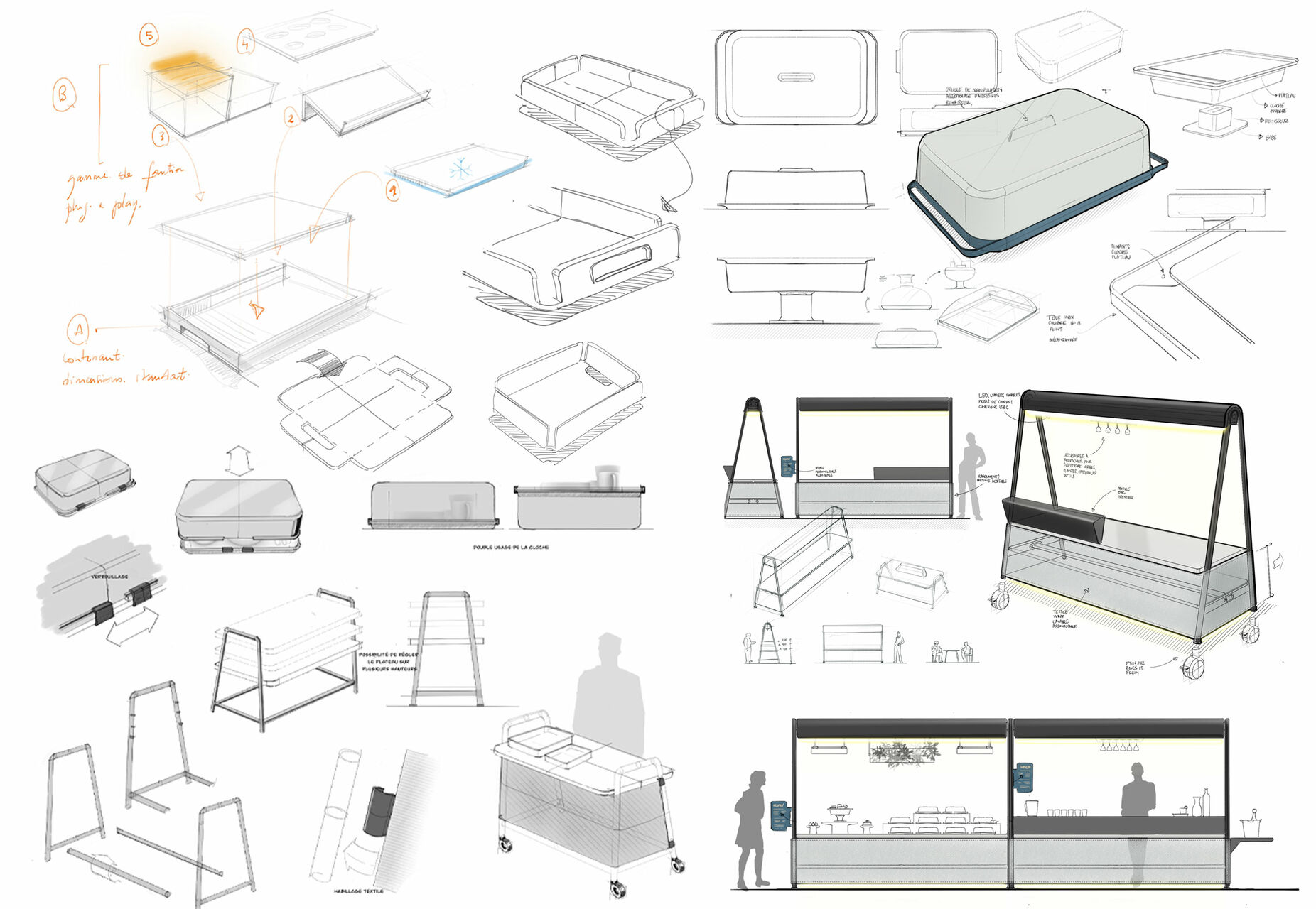 Croquis de conception de plateaux repas design pour traiteur illustrant le processus de design produit