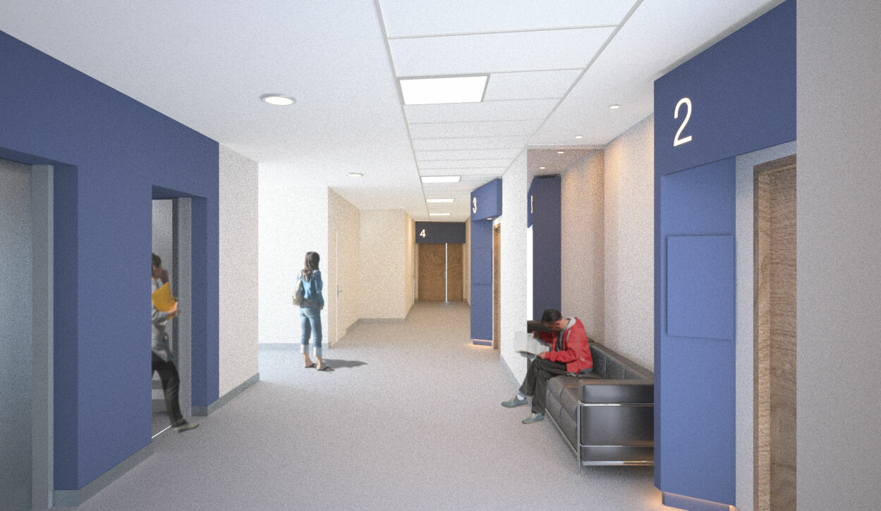 Aménagement du couloir de consultation avec intégration de la signalétique et codes couleur par niveau