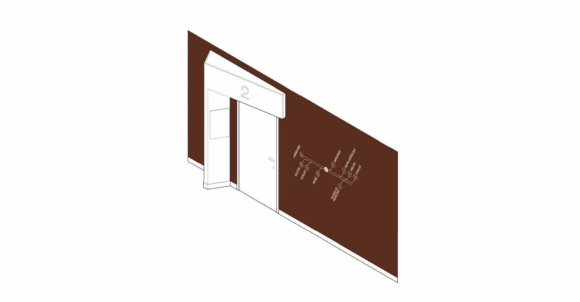 Arche signalétique de repérage d’étage intégrée à l’architecture intérieure de la clinique