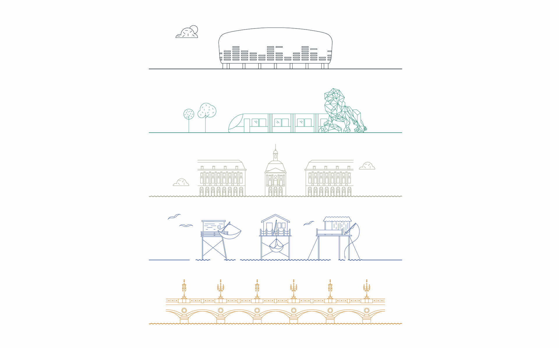 Design graphique d’illustrations du patrimoine bordelais intégrées dans la signalétique de la clinique