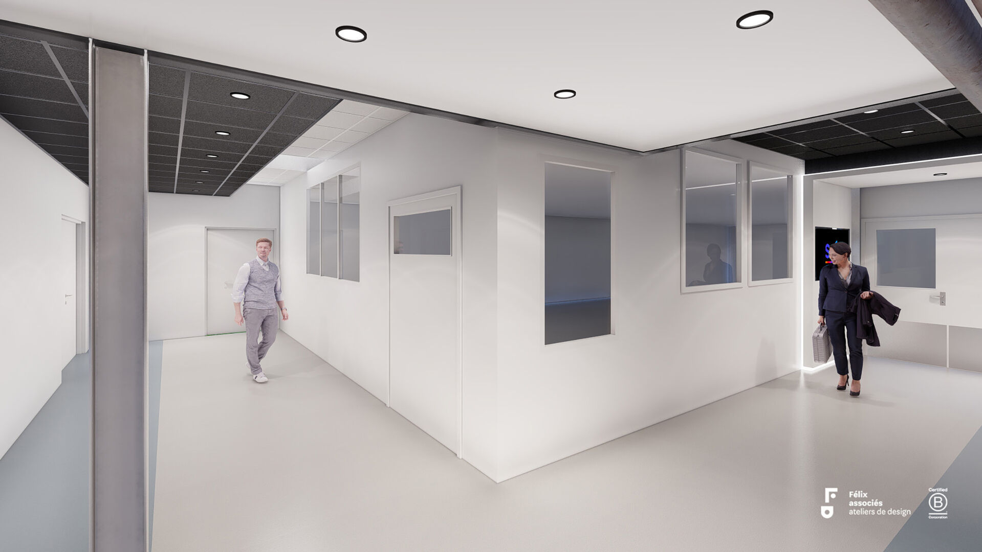 Conception des espaces de circulation entre les bureaux et une ligne de production industrielle réalisée par Félix et associés