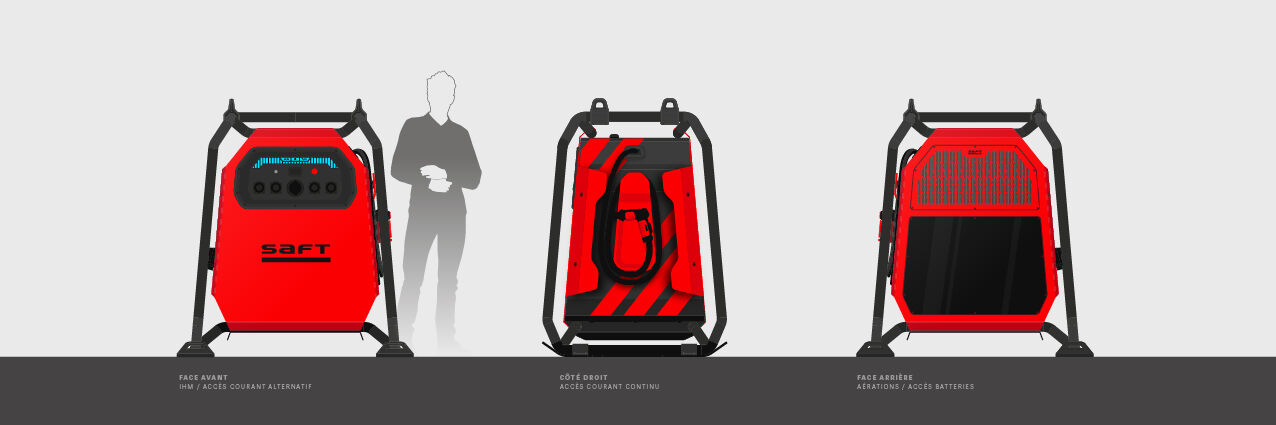 Vue de face d'un chargeur de batterie industriel autonome conçu pour les chantiers par Félix et associés