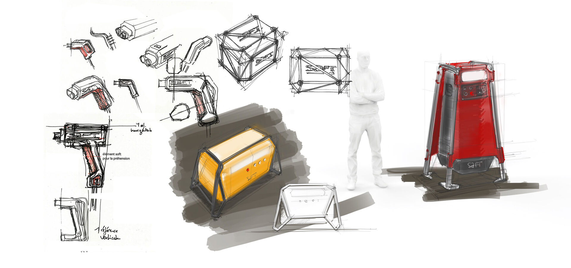 Croquis de recherche en design industriel réalisés lors de la conception du chargeur de batterie Saft