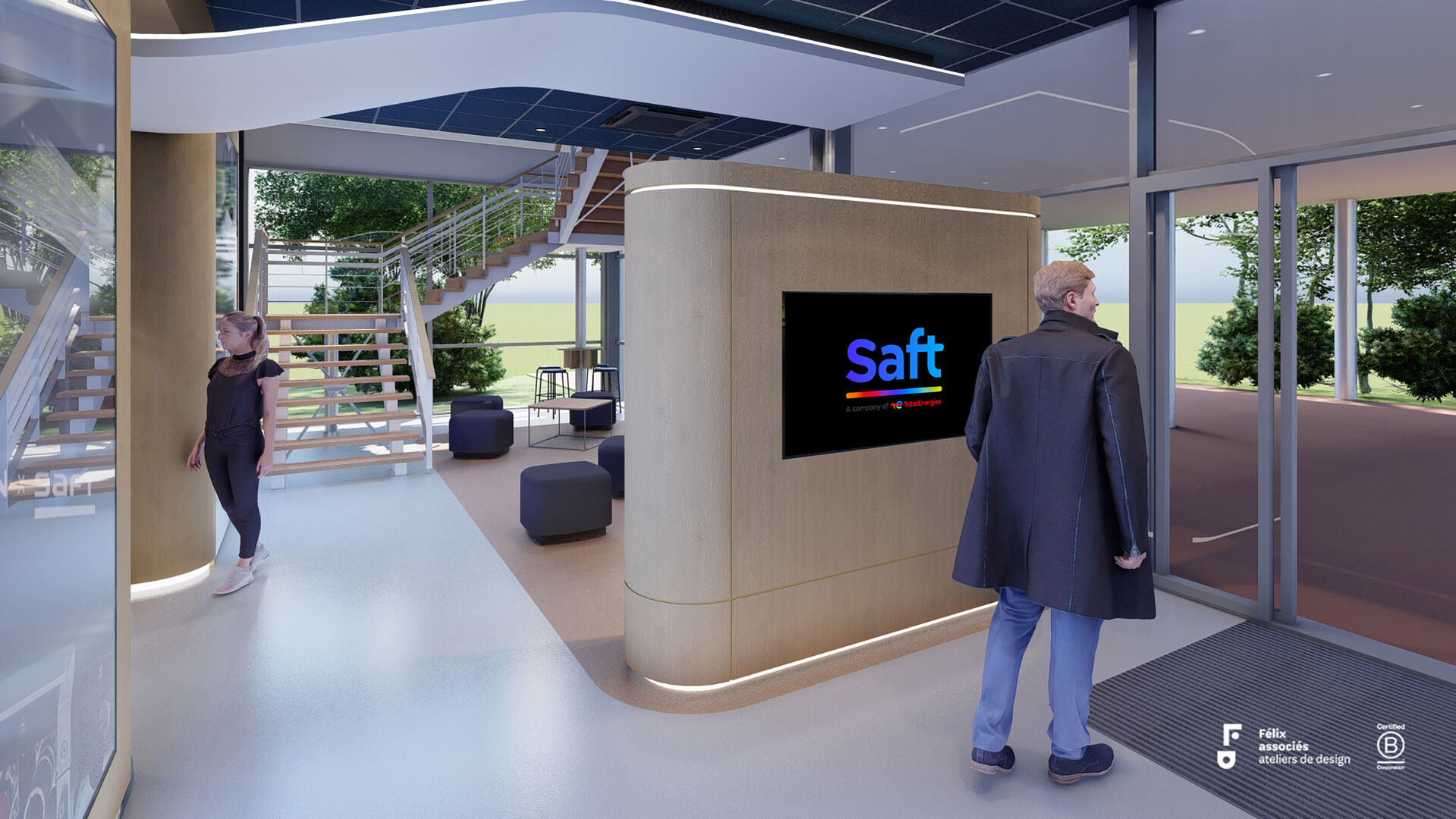 Hall d'accueil industriel imaginé par Félix et associés avec mobilier sur mesure, alcôve de réunion et écrans numériques