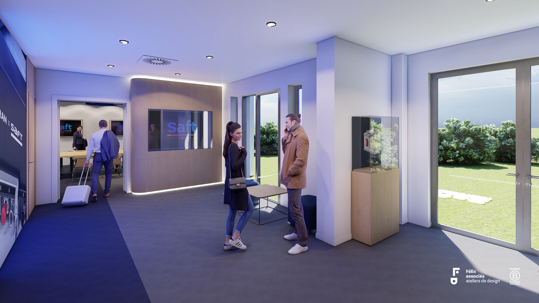 Vue 3D de l’espace d’accueil VIP Saft avec mobilier sur mesure et mise en valeur de l’identité de marque