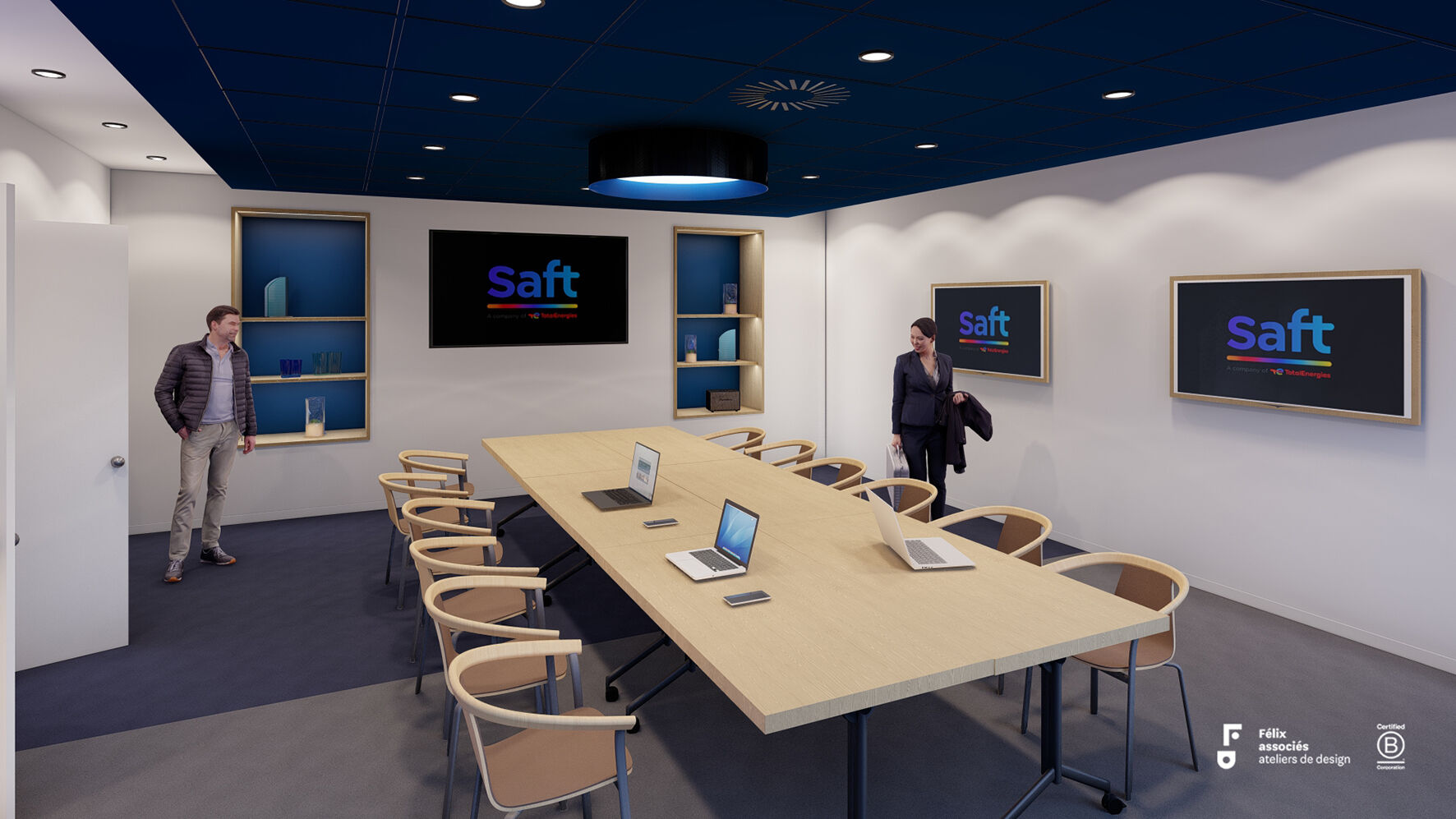 Vue 3D de la salle de réunion VIP Saft conçue par Félix et associés dans le cadre d’un projet de design d’espace à Bordeaux