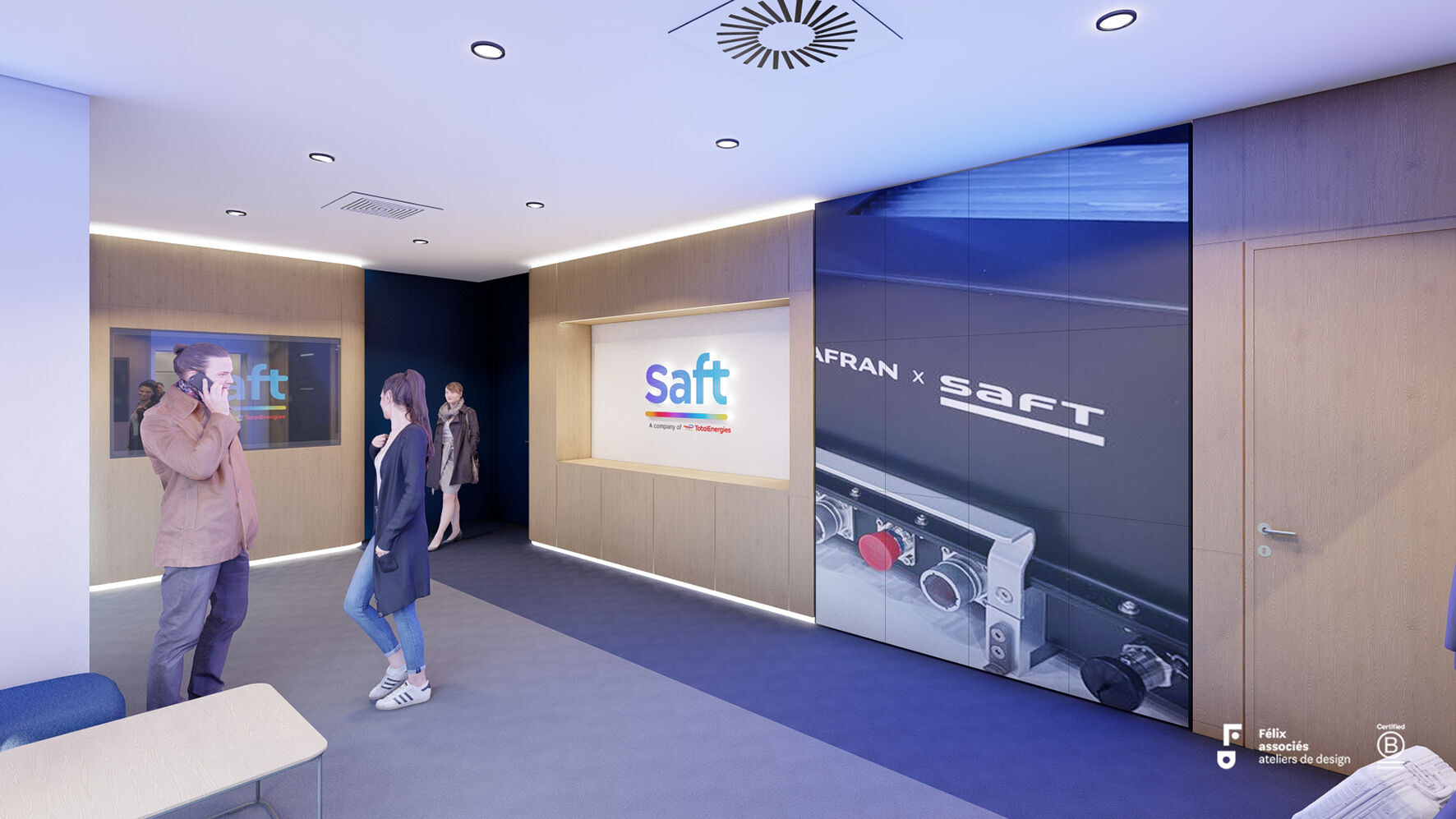 Vue 3D du showroom Saft conçu par Félix et associés pour valoriser les savoir-faire et l’image de marque de l’entreprise