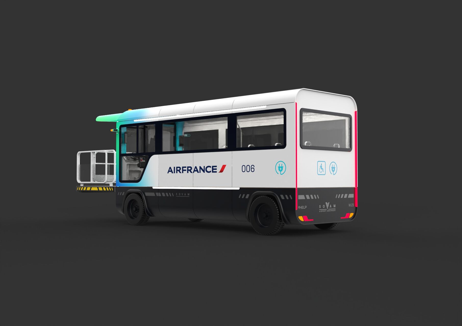 Ambulift électrique SOVAM conçu pour le transport de personnes à mobilité réduite en environnement aéroportuaire