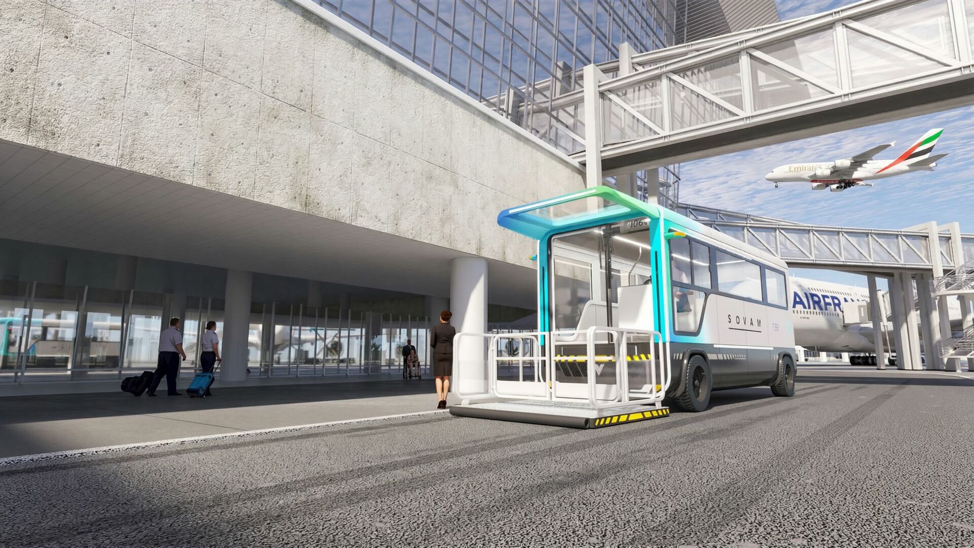 Mise en situation de l’ambulift électrique SOVAM conçu par Félix et associés pour les infrastructures aéroportuaires
