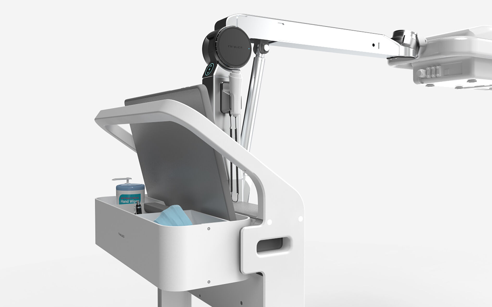 Détail du design industriel d’un dispositif d’imagerie médicale mobile destiné aux professionnels de santé