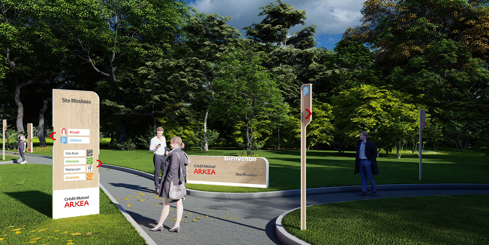 Signalétique extérieure du site Crédit Mutuel Arkéa, design des mobiliers et parcours usagers par l’agence Félix et associés
